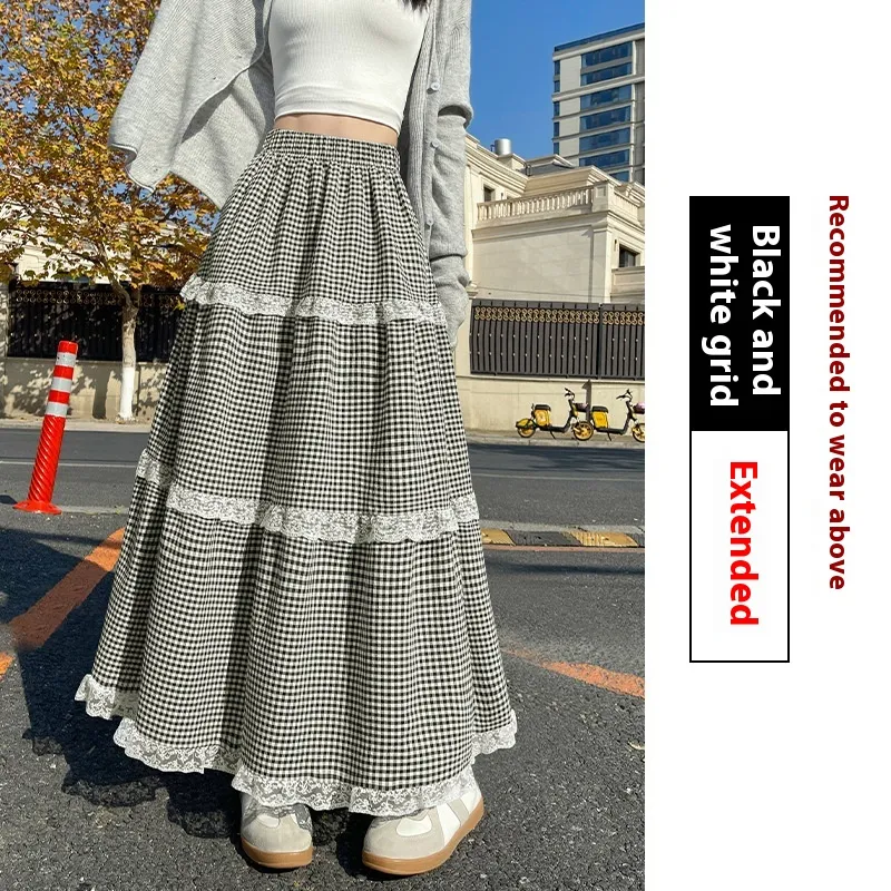 High Waist Slimming A- Line Large Skirt Half-length - Black And White Plaid Length