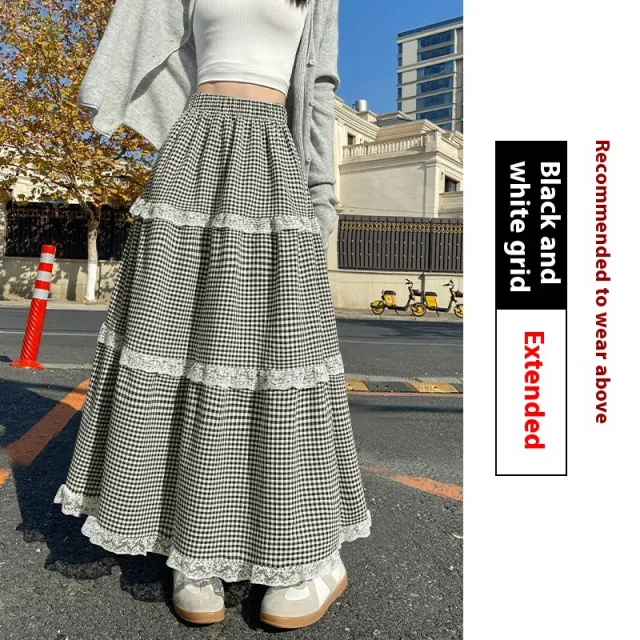 High Waist Slimming A Line Large Skirt Half length Black And White Plaid Length - Shop at LoveMi