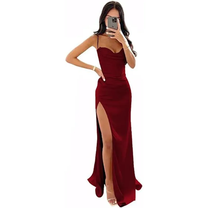 European And American Women's Clothing Sleeveless Camisole Evening Dress - Dark Red