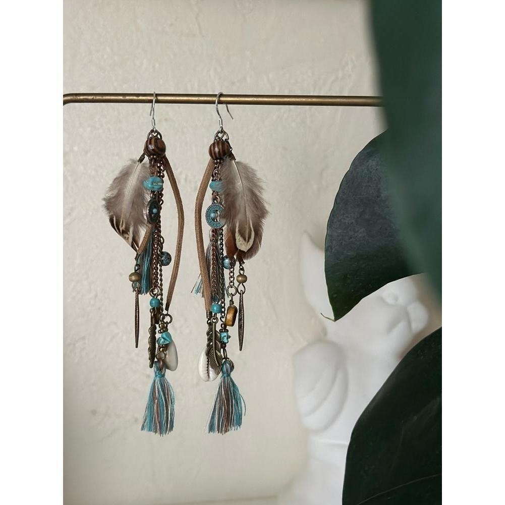 Tribe Princess Wandering Style Distressed Feather Tassel Earrings
