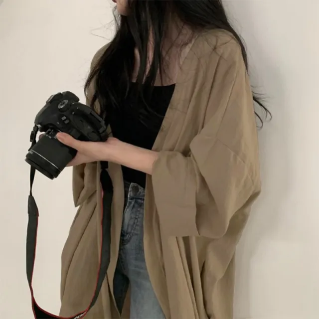 Summer Korean Style Loose Long Sleeve Cardigan Jacket Women's Shirt Deep Khaki - Shop at LoveMi