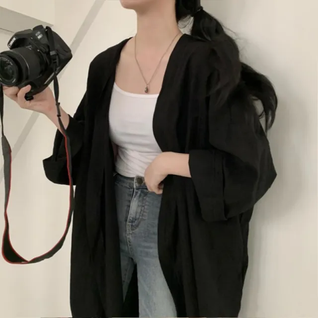 Summer Korean Style Loose Long Sleeve Cardigan Jacket Women's Shirt Black - Shop at LoveMi