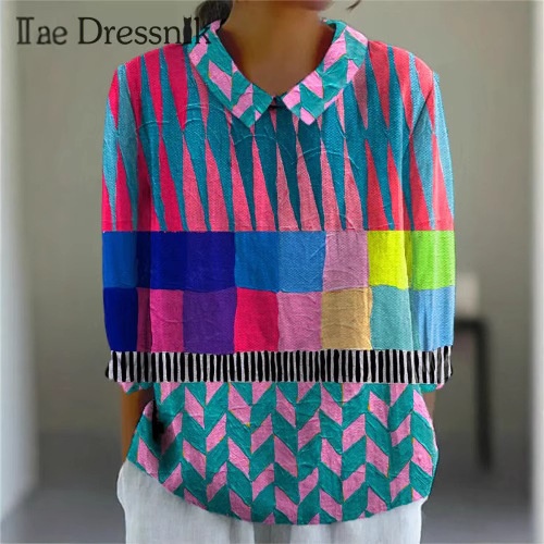 Women's Flower Digital Printed 34 Sleeves Shirt Top T-shirt Batch