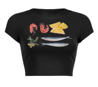 Round Neck Pullover Short Sleeve Letter Printed Navel T shirt Black - Shop at LoveMi