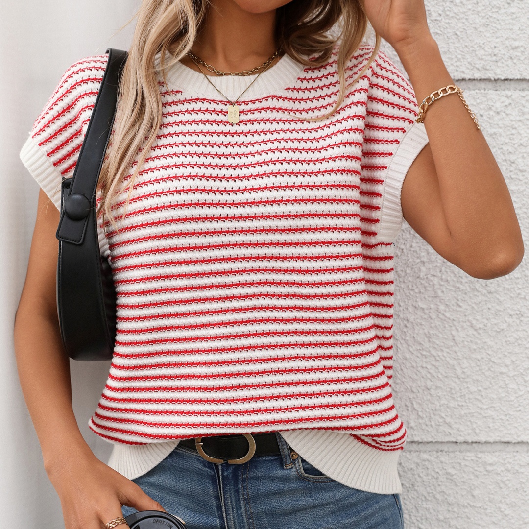 New Round Neck Knitted Top Casual Striped Contrast Color Sweater