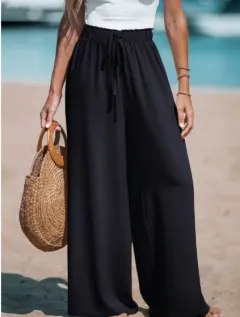 Women's Drawstring Loose Casual Wide-leg Trousers - Black - View 1