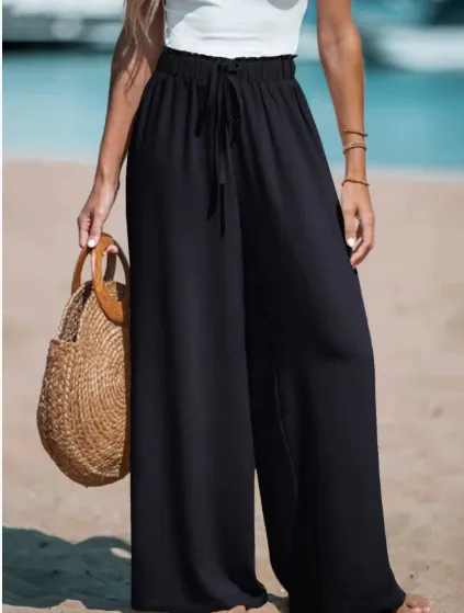 Women's Drawstring Loose Casual Wide leg Trousers Black - Shop at LoveMi