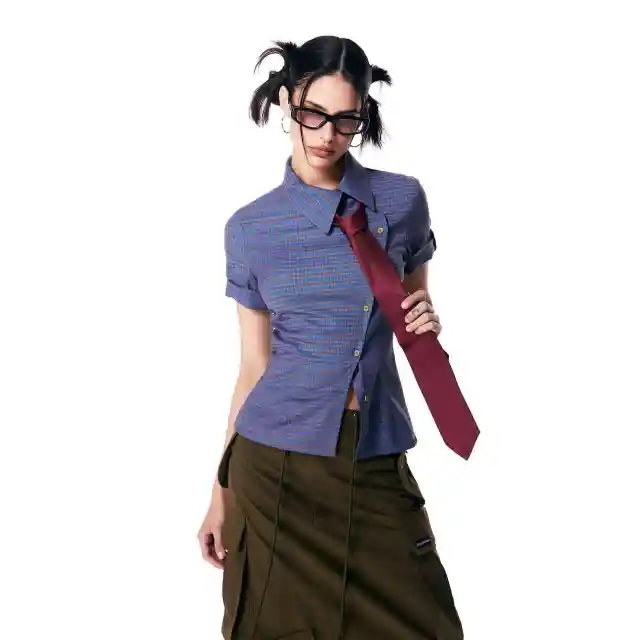 Women's Short sleeved Plaid Shirt Retro Top Blue - Shop at LoveMi