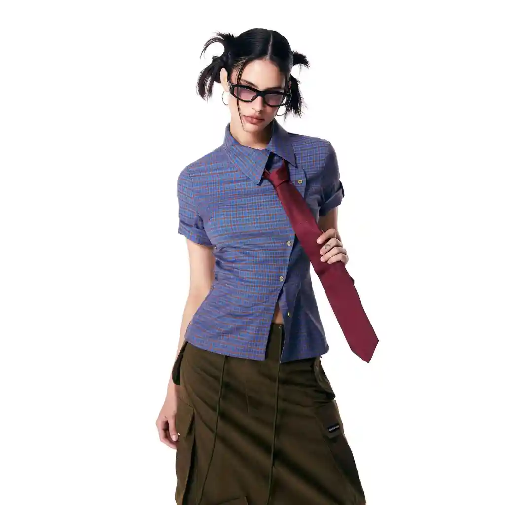 Women's Short-sleeved Plaid Shirt Retro Top - Blue