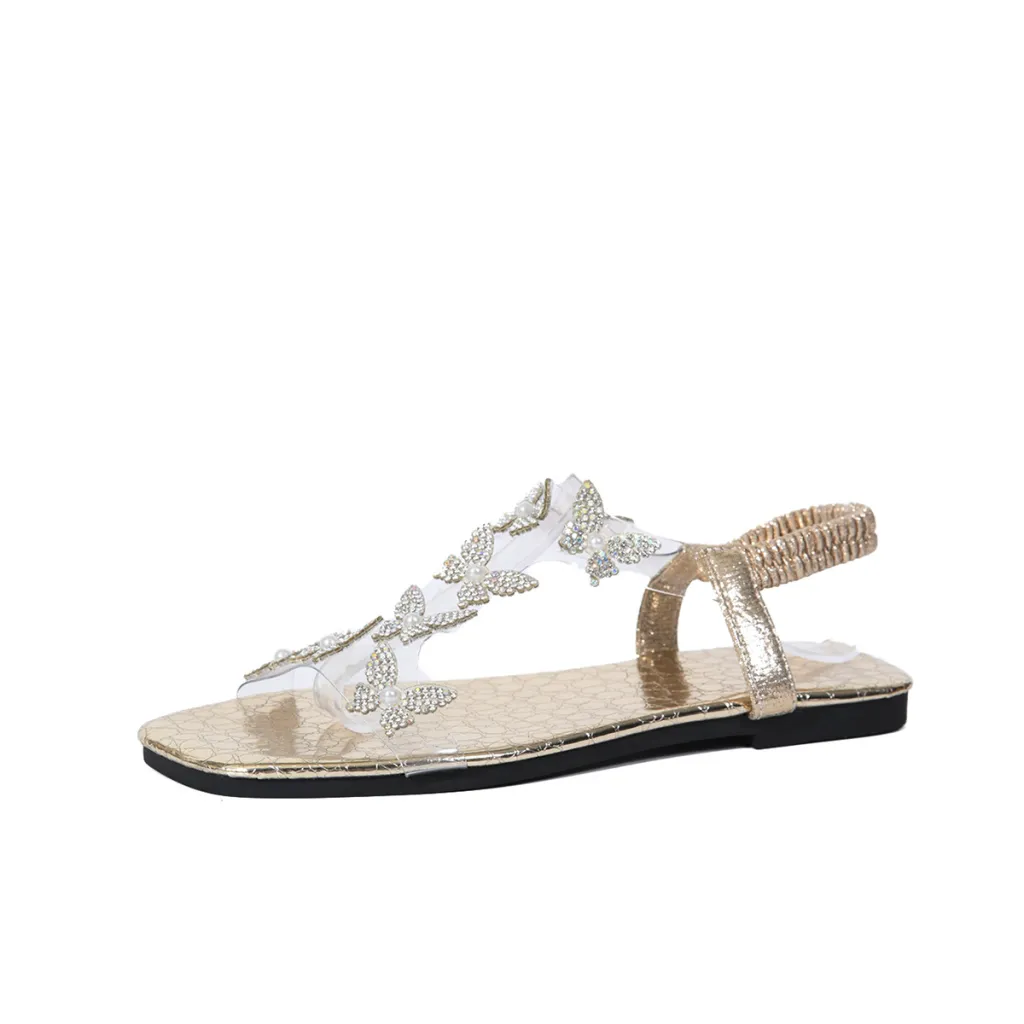 New Butterfly Rhinestone Sandals Summer Square Toe Flat Shoes For Women - Gold
