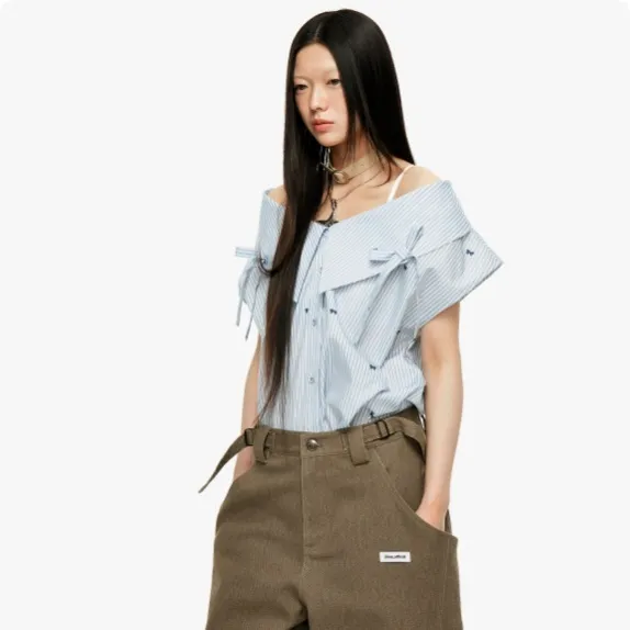 Strap Bow Striped One Shoulder Sleeveless Top For Women Light Blue - Shop at LoveMi