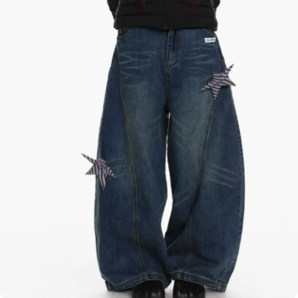 Washing Curved Knife Straight Leg Wide Leg Workwear Jeans For Women - Blue