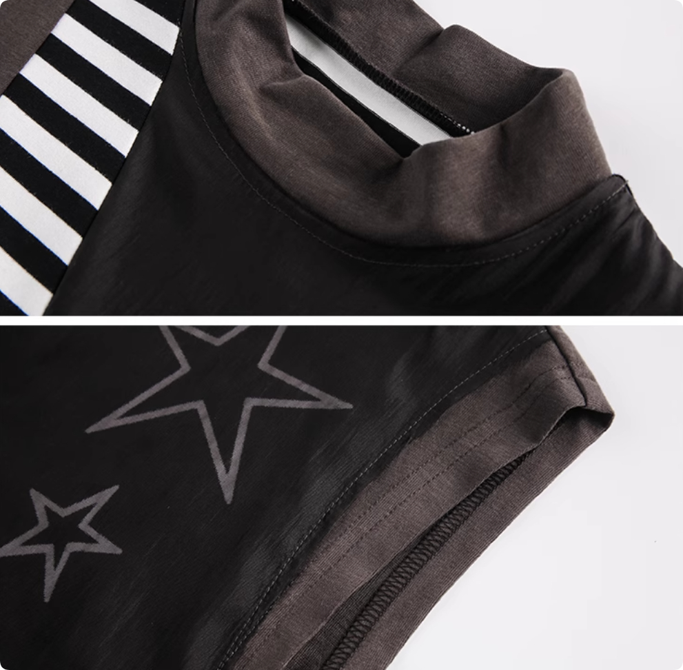 Splicing Striped Mesh Stand Up Collar Waist Cinched Sleeveless Top