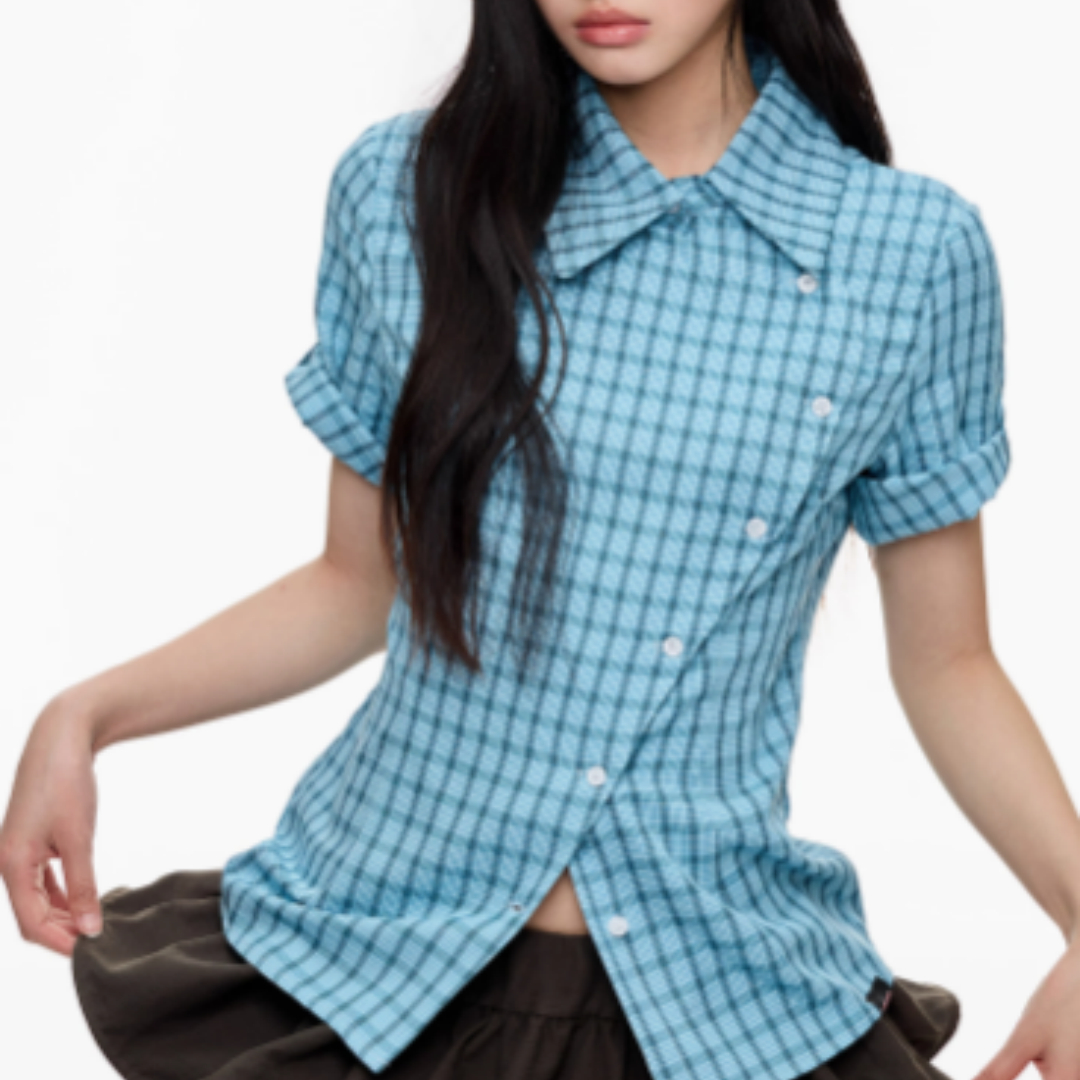 Short Sleeved Checkered Slimming Shirt For Women