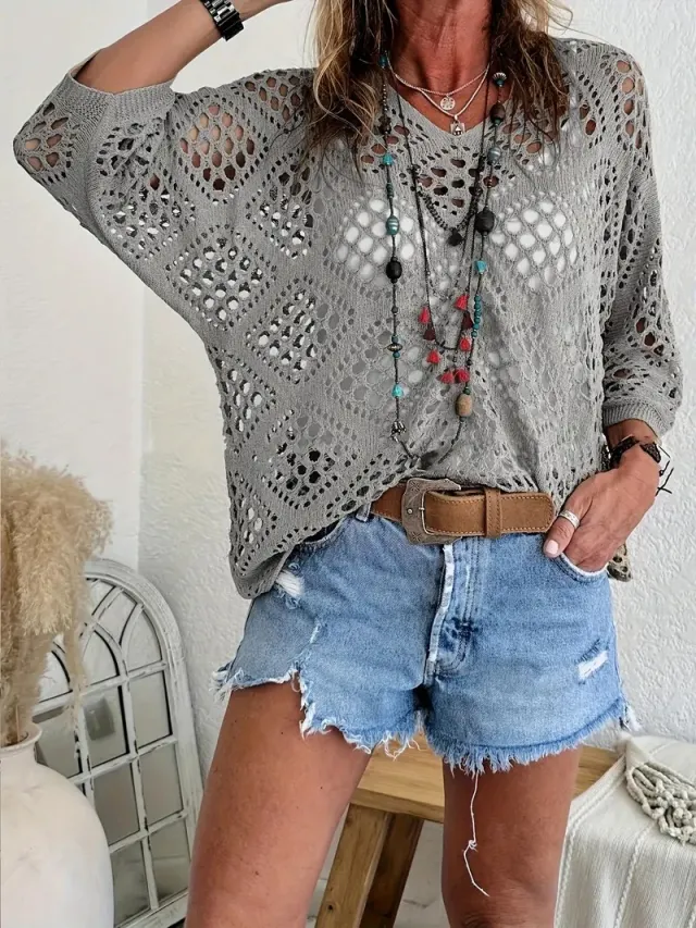 Stylish Beach Style Long Sleeve Knitted Blouse Hand Crocheting Solid Color Grey - Shop at LoveMi