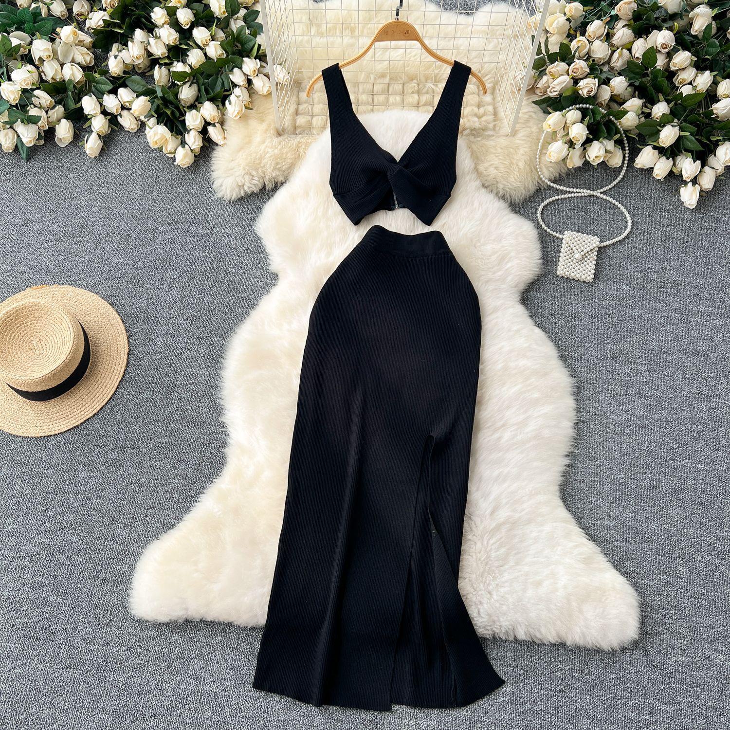 A Two piece Knitted Vest With A Slimming, Body hugging, Slit Skirt Black - Shop at LoveMi