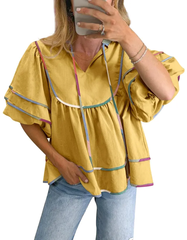 Casual Loose Puff Sleeves V neck Pullover Top Style11 L - Shop at LoveMi