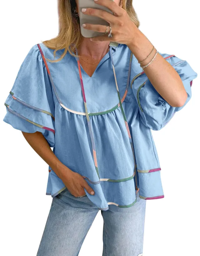Casual Loose Puff Sleeves V neck Pullover Top Style10 L - Shop at LoveMi