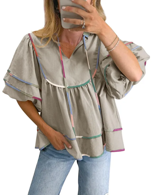 Casual Loose Puff Sleeves V neck Pullover Top Style4 Xxl - Shop at LoveMi