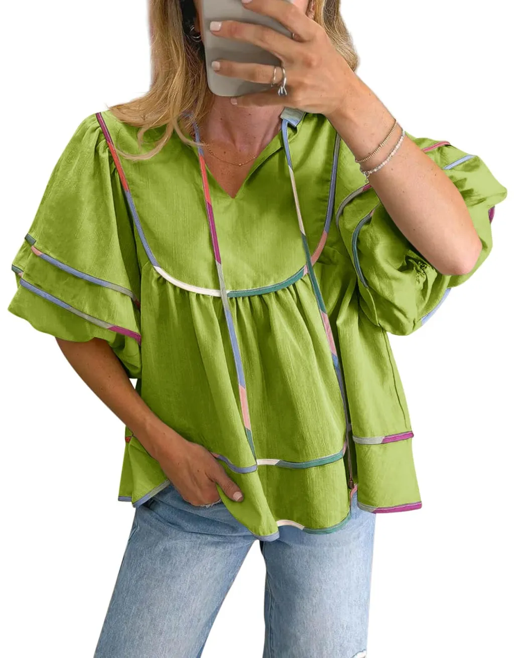 Casual Loose Puff Sleeves V-neck Pullover Top - Style1-L