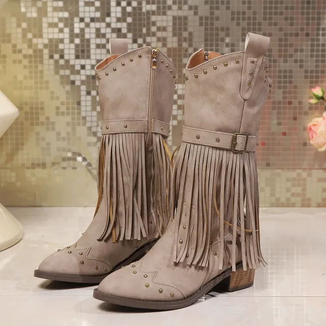 Retro Winter Fashion Square Heel Boots Beige - Shop at LoveMi