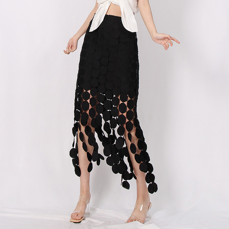 Cut-out And Spliced Fringe Design Slim Hip Skirt