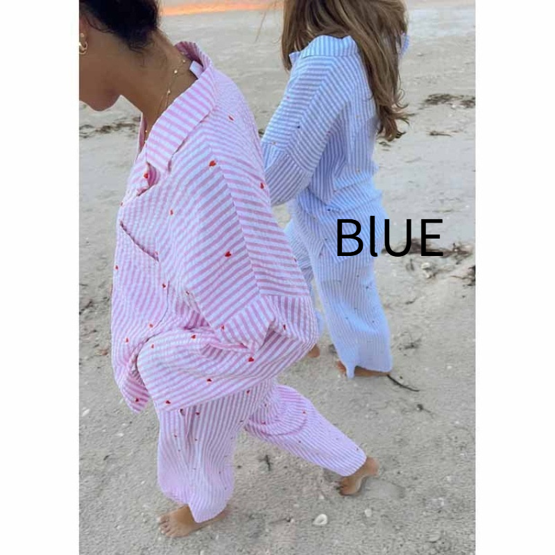 Women's Striped Heart-shaped Embroidery Long-sleeve Suit