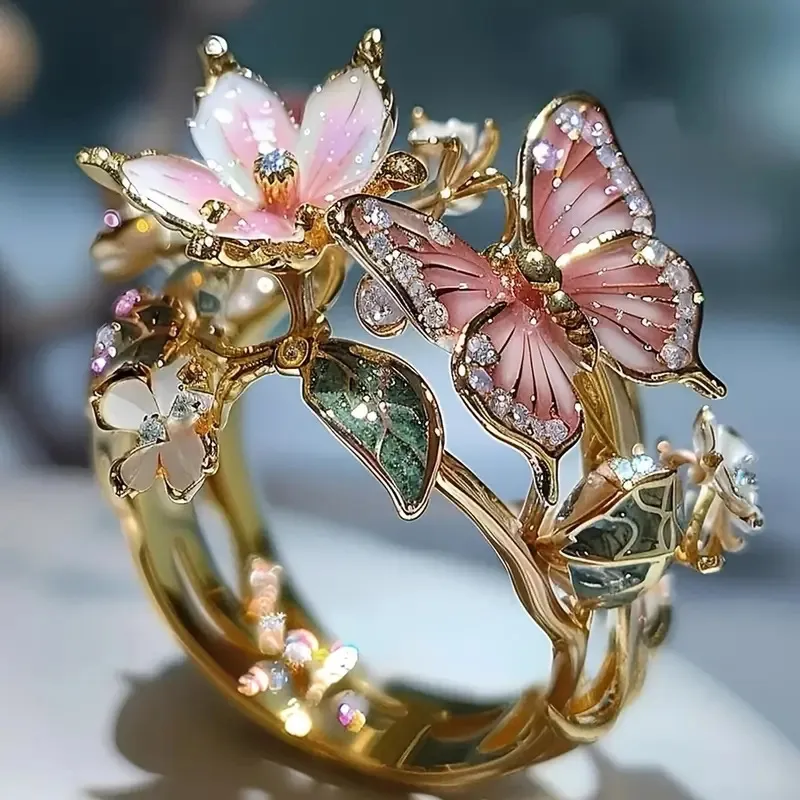 INS Flower Butterfly Ring With Rhinestones And Oil Dropping Design Fashion Personalized Jewelry For Women