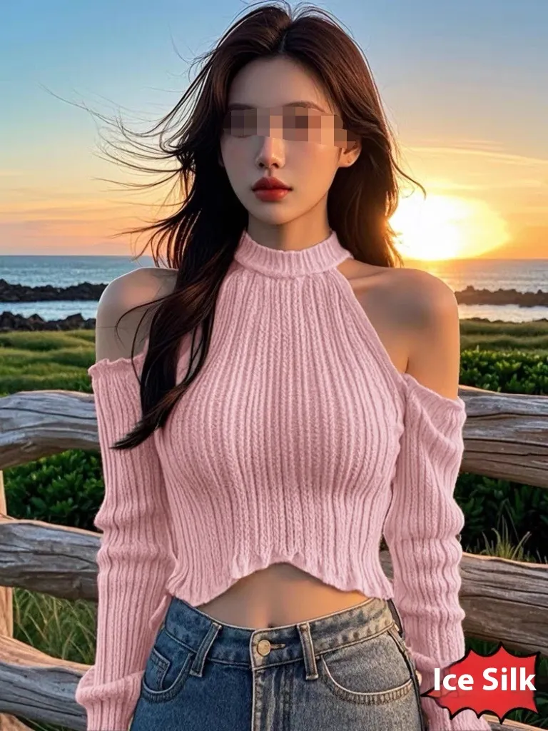 Halter Knitted Scheming Machine Off-the-shoulder Short Sweater - Pink