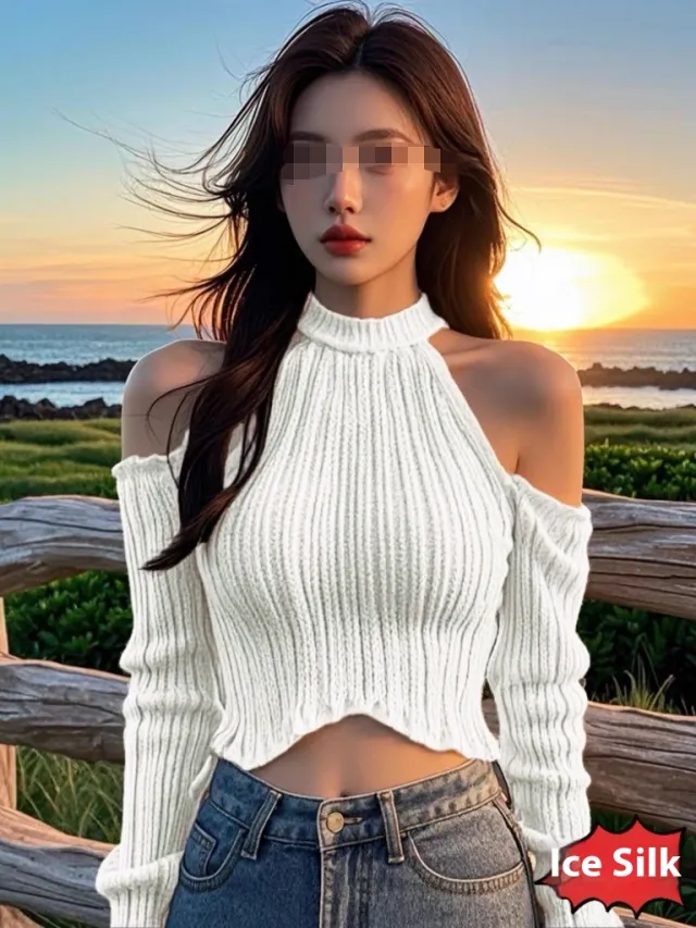 Halter Knitted Scheming Machine Off the shoulder Short Sweater White - Shop at LoveMi