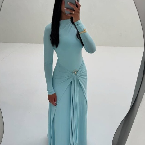 Solid Color Summer Turtleneck Long Sleeve Fashion Slim Dress Blue - Shop at LoveMi