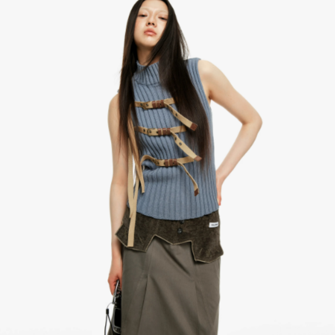 Small High Neck Knitting Sequoia Sleeveless Fried Dough Twists Top Vest Women