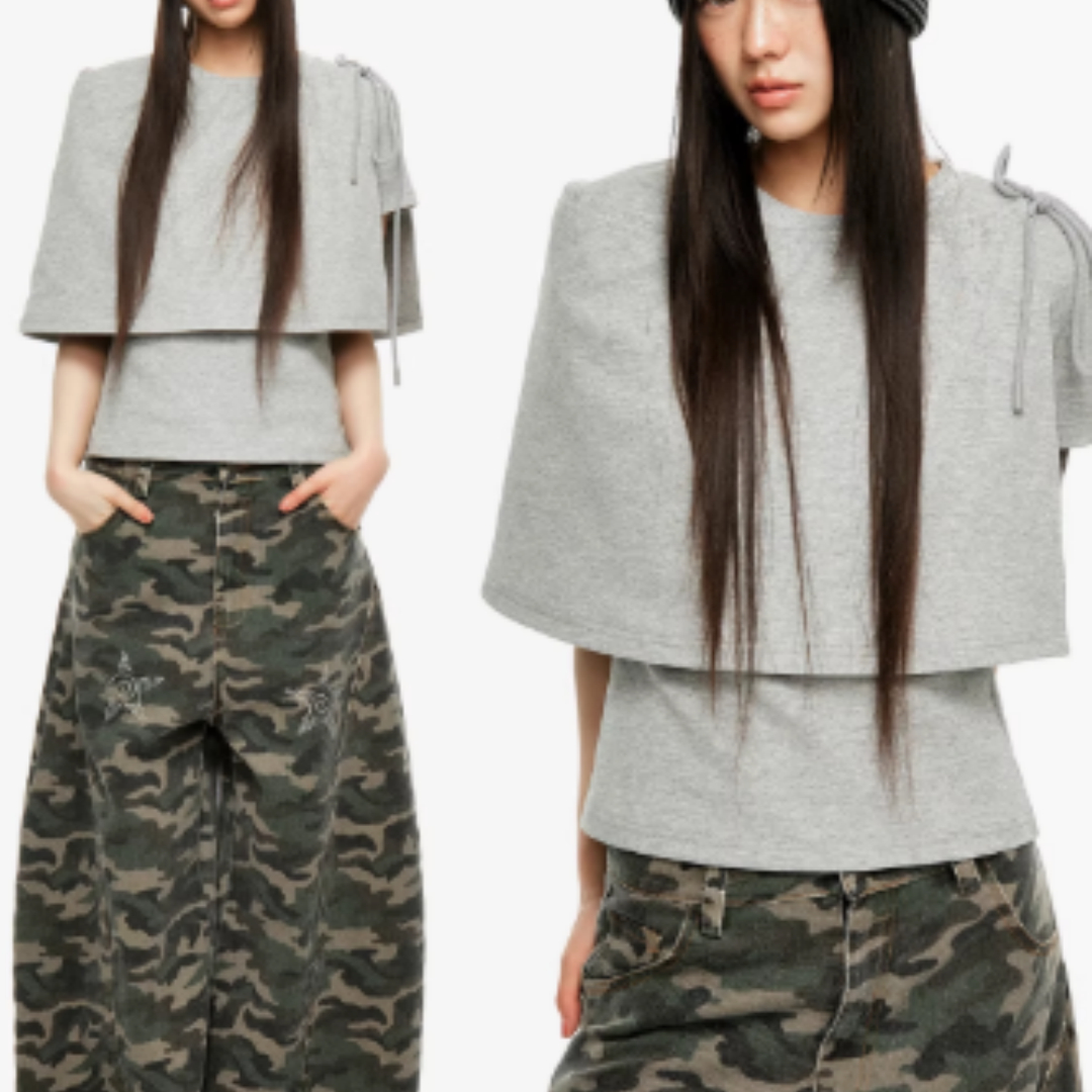 Strap Fart Curtain Round Neck Short Sleeved Shoulder T-shirt For Women