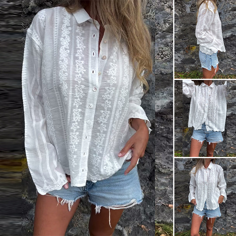 Color Embroidery Hollow Out Polo Collar Shirt Long Sleeve Button Cardigan Top