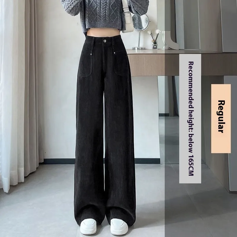 Chenille Woolen Wide-leg Pants Women's Thickened Straight Suit Pants Corduroy - Black