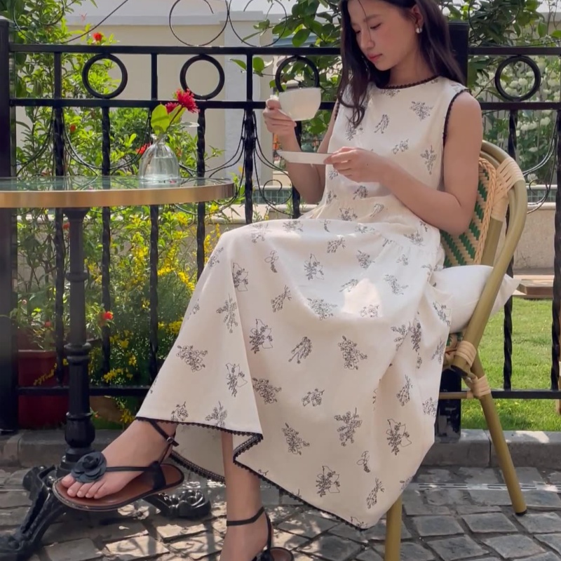 Retro Printed Waist-controlled Slimming Dress Women's Summer New