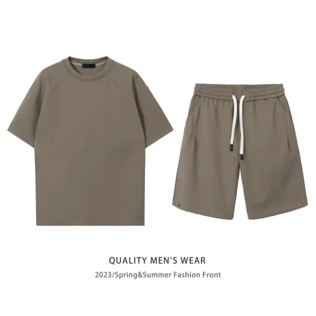 Simple Loose Couple Style Short-sleeved Shorts Two-piece Suit - Khaki