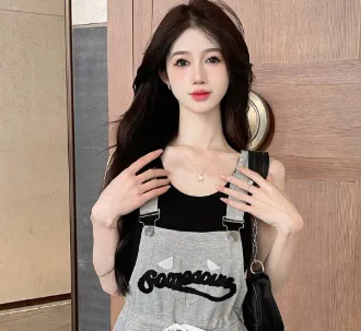 Women's Korean style Preppy style Letter Embroidered Suspender Pants Black Vest - Shop at LoveMi