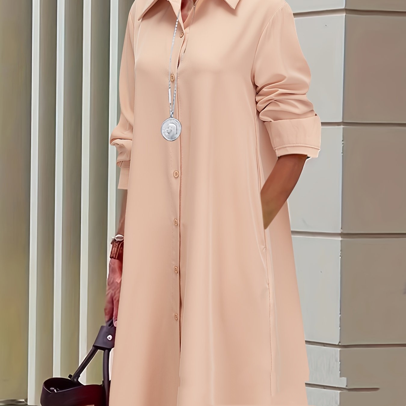 Temperament 3d Printed Shirt Collar Long Sleeve Mid-length Dress