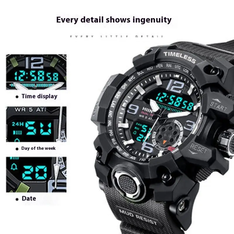 Men's Waterproof Sports Electronic Watch Dual Display Large