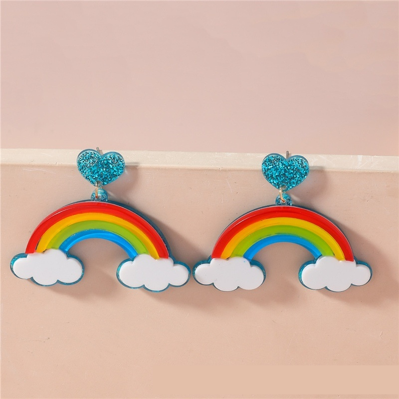 Multi-layer Stereo Acrylic Rainbow White Clouds Heart-shaped Earrings