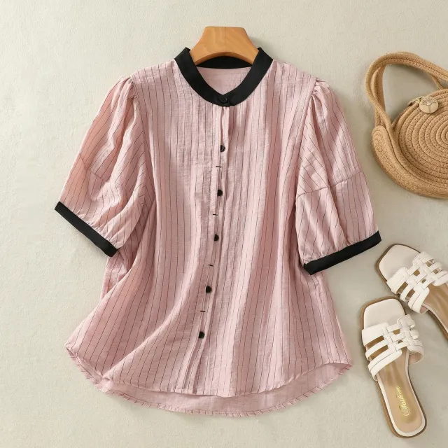 Summer Loose Youthful looking Chic Puff Sleeve Small Shirt Top Pink - Shop at LoveMi