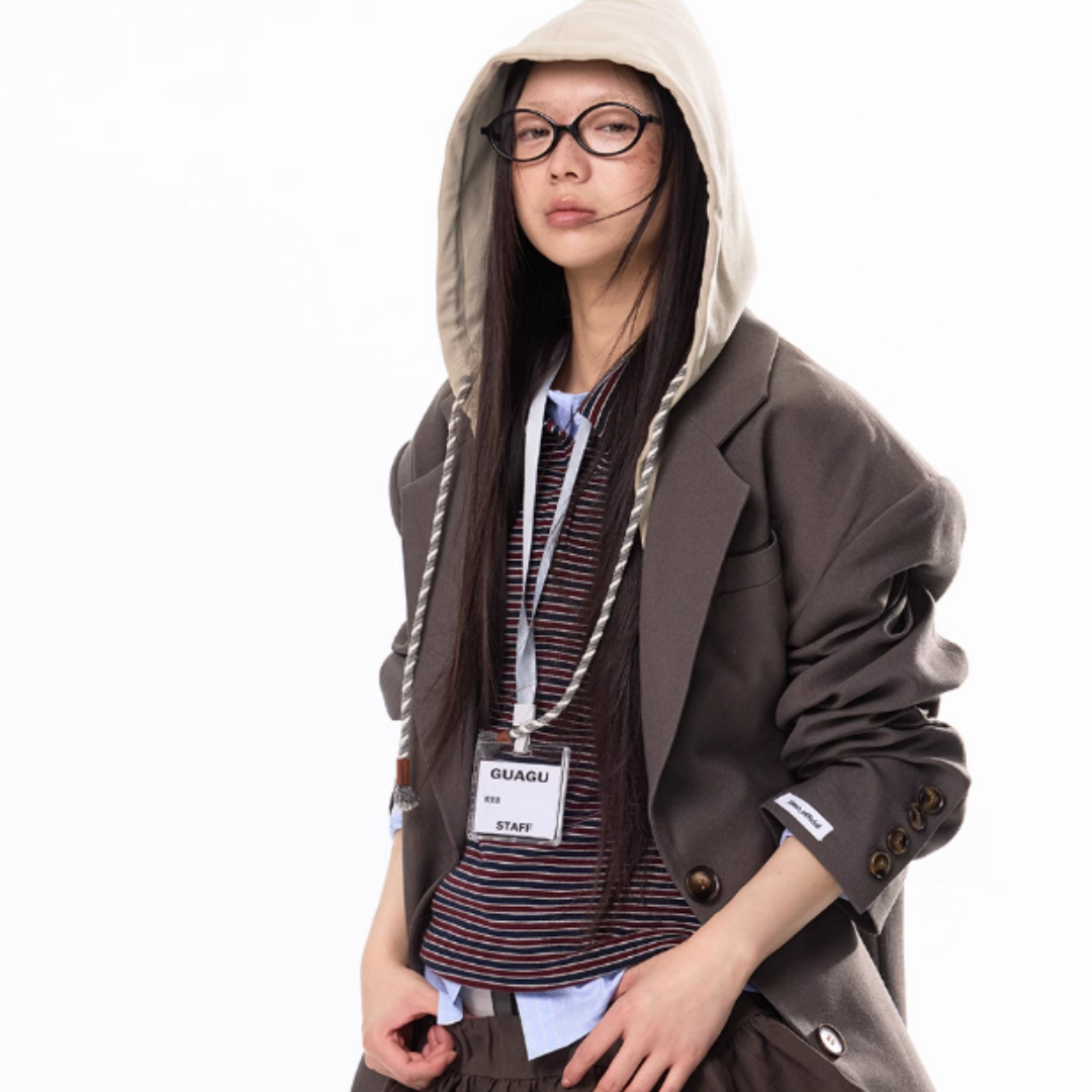 Hooded Patchwork Boyfriend Style Suit Jacket For Women