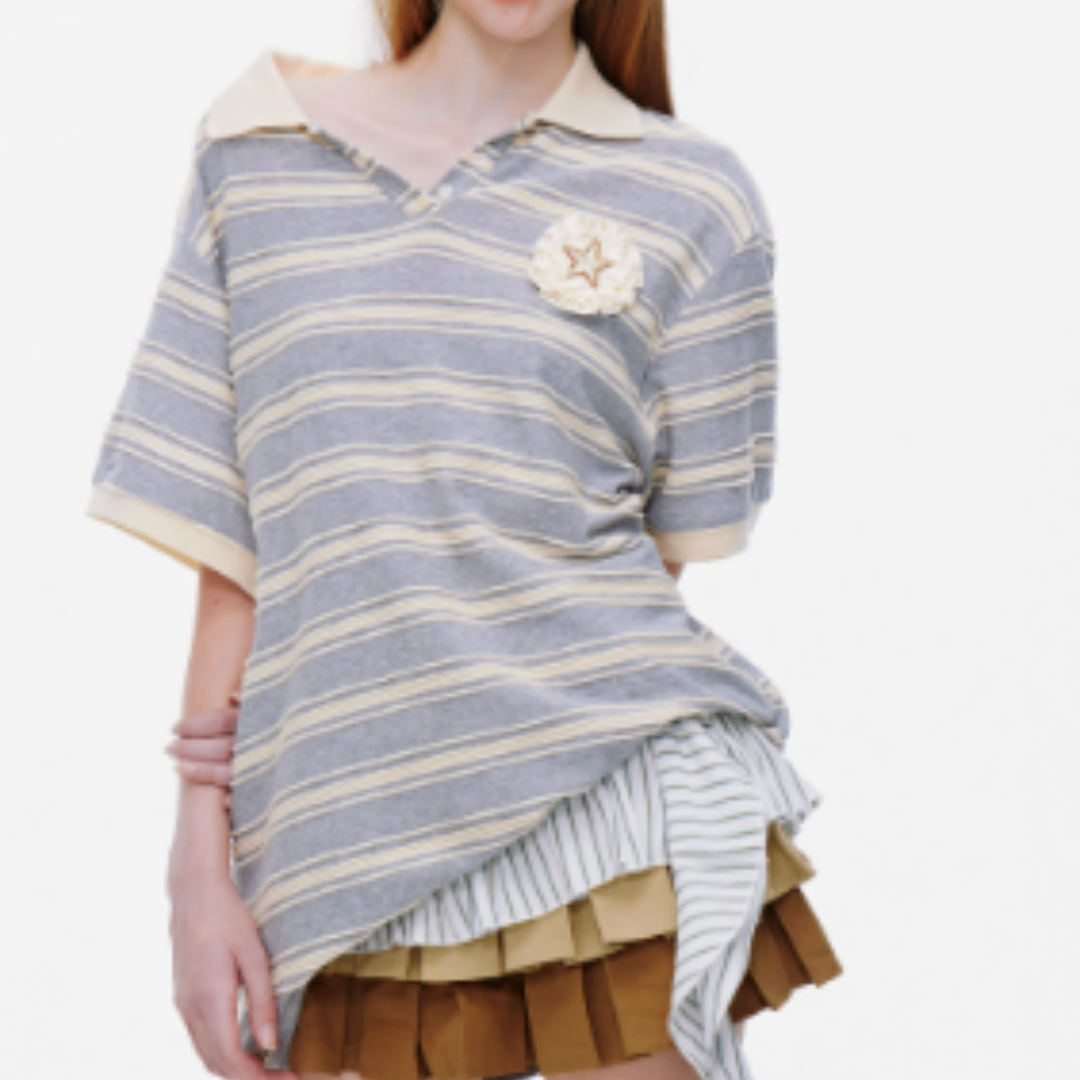 Collar 3D Striped Loose Lazy Sloping Shoulder Top