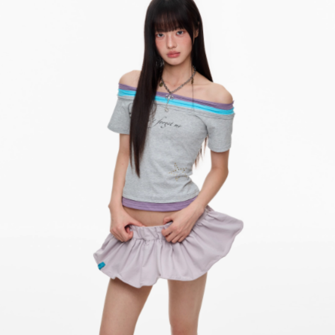 Female Printed Rhinestone One Shoulder Short Sleeved Shirt