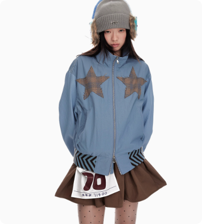 Stand Up Collar Splicing Double Zipper Jacket Women's Versatile Design