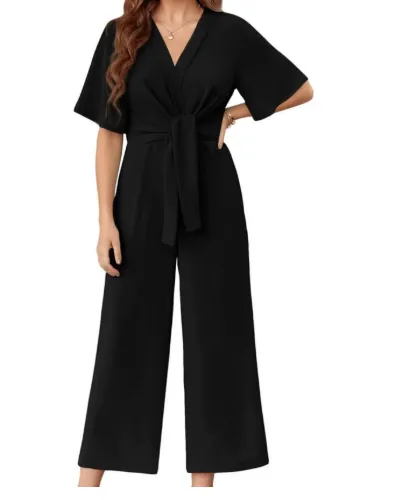 Solid Color And V neck Minimalist Design Short sleeved Jumpsuit Black - Shop at LoveMi