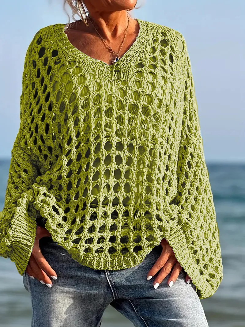 Loose Leisure All-matching Hollow Long Sleeve Plus Size Women's Knitted Sweater - Yellowgreen