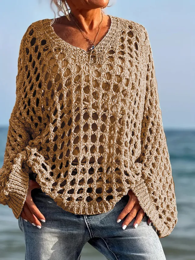 Loose Leisure All matching Hollow Long Sleeve Plus Size Women's Knitted Sweater Khaki - Shop at LoveMi