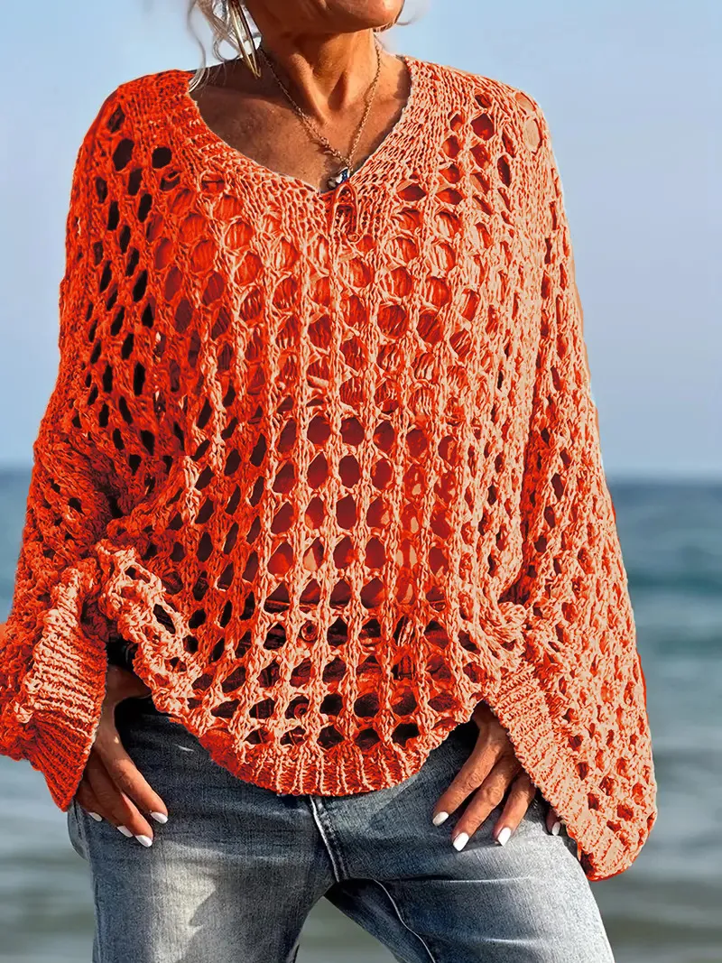 Loose Leisure All-matching Hollow Long Sleeve Plus Size Women's Knitted Sweater - Red